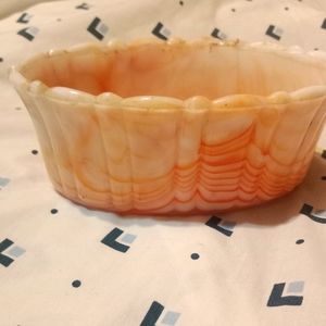 Akro Agate Glass #654 Orange Swirl, Slag Glass, Ribber Orange Swirl Dish